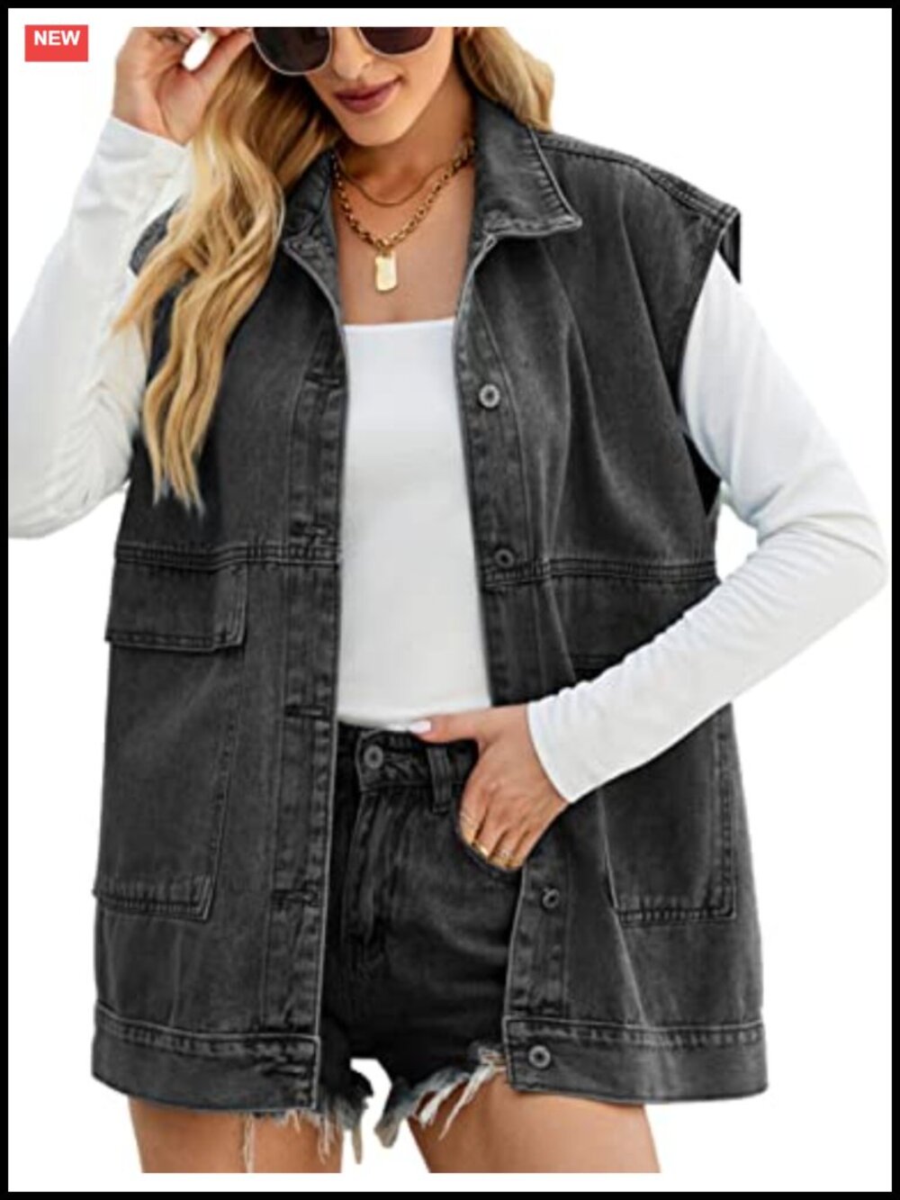 Oversized Denim Jean Vest Sleeveless Button Down Distressed Waistcoat